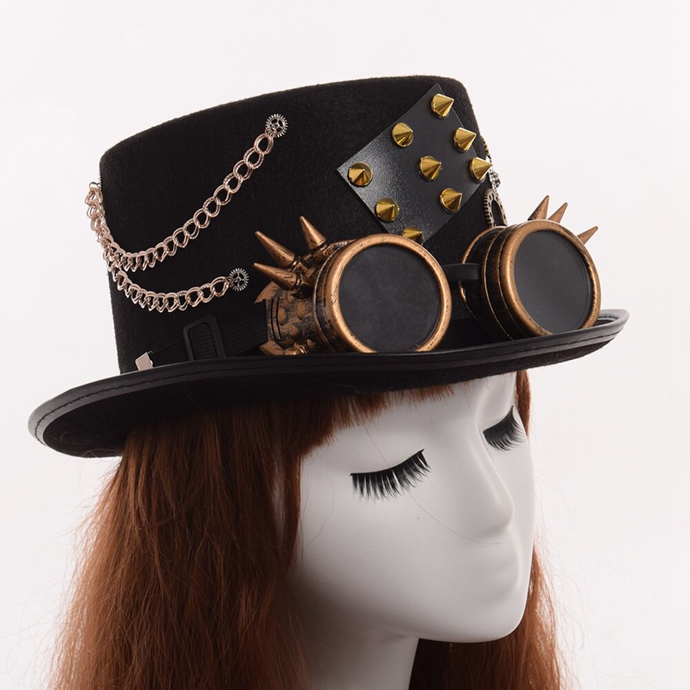 Black Steampunk Punk Hoed Met Bril Gothic Vrouwen Mannen Cosplay Klinknagel Gear Fedora Bowler