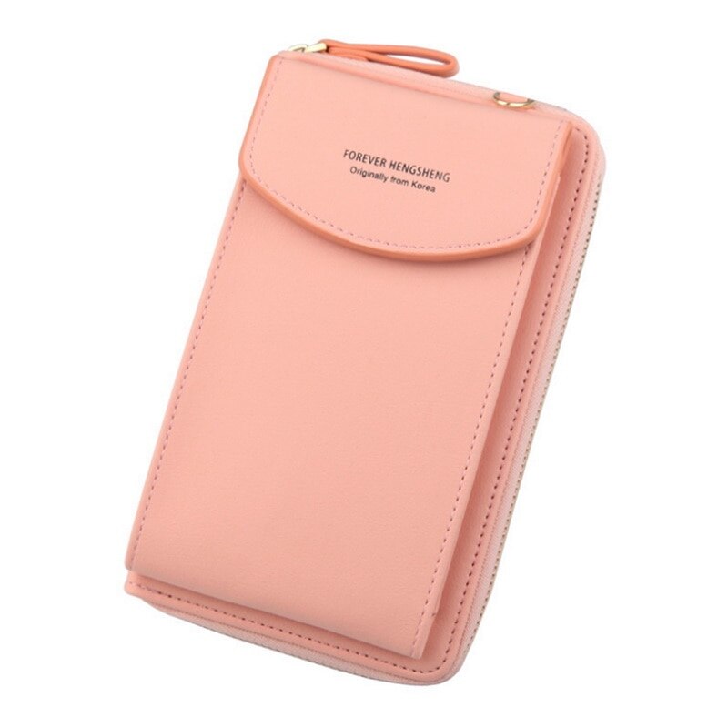 Women PU Leather Shoulder Bag Strap Purses Solid Color Mobile Phone Big Card Holders Wallet Handbag Pockets For Girls: pink