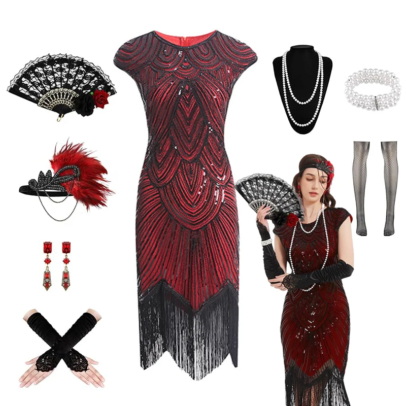 Robes des années 1920 pour femmes, robe à clapet en dentelle, bandeau en plumes, paillettes, perles, franges, accessoires des an