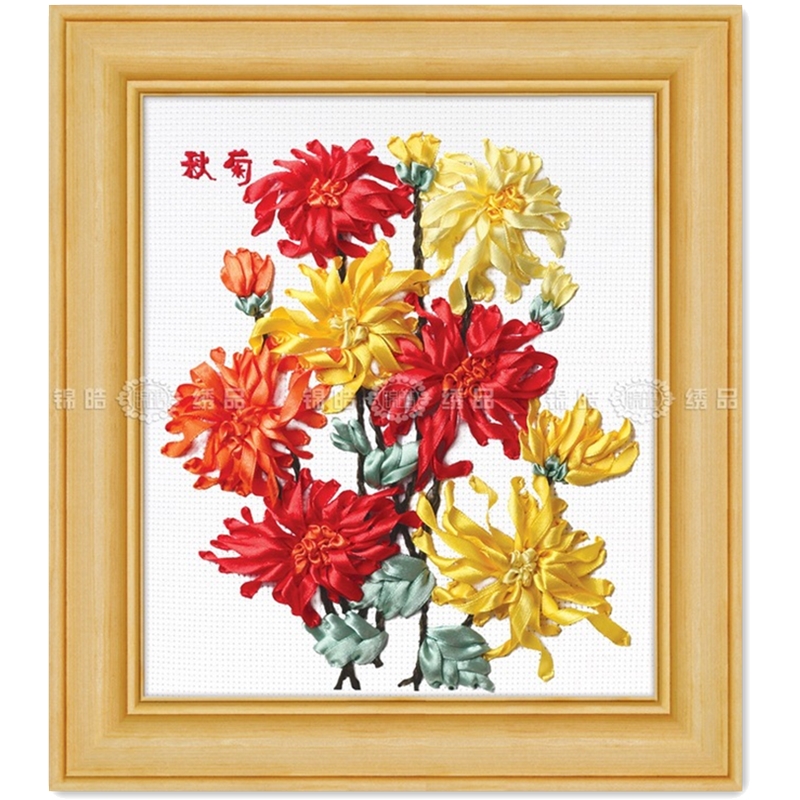 30X35cm Fall Mums Lint Borduren Kit Handwerken Craft Sew Supply Diy Handgemaakte Borduurwerk