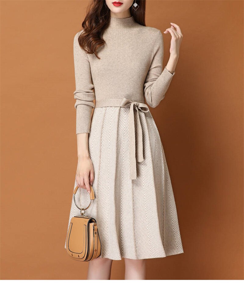 Knitted Sweater Pleated Dress Female Autumn Winter Dress Long Sleeve Sweater Women Dress Office Lady Casual Midi Dress: Beige / XXL 65-75kg