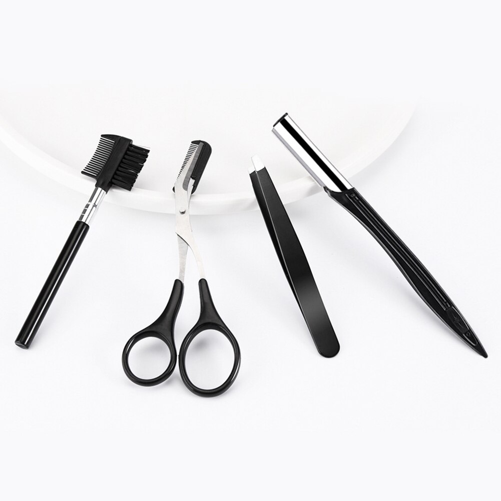 4 stuks wenkbrauwtrimmerset, kam, schaar met scheermes, epilator, gezichtsborstel, pincet, make-uptool, roestvrij staal, draagbare clip