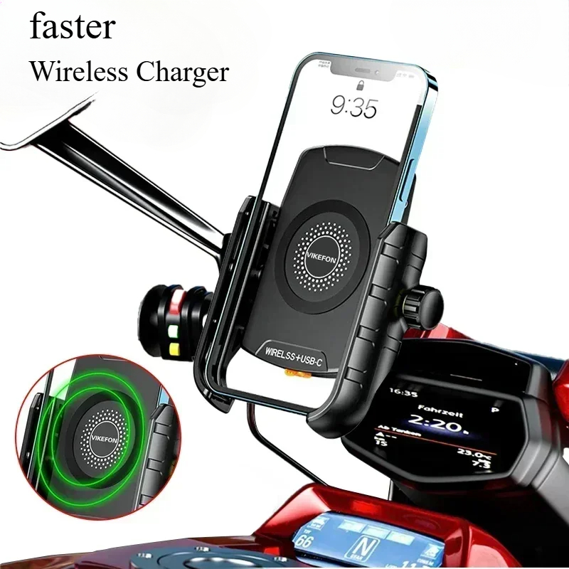 Motorfiets telefoonhouder met draadloze oplader, motorspiegel, mobiele telefoonhouder, usb-snellader, draadloze telefoonhouder