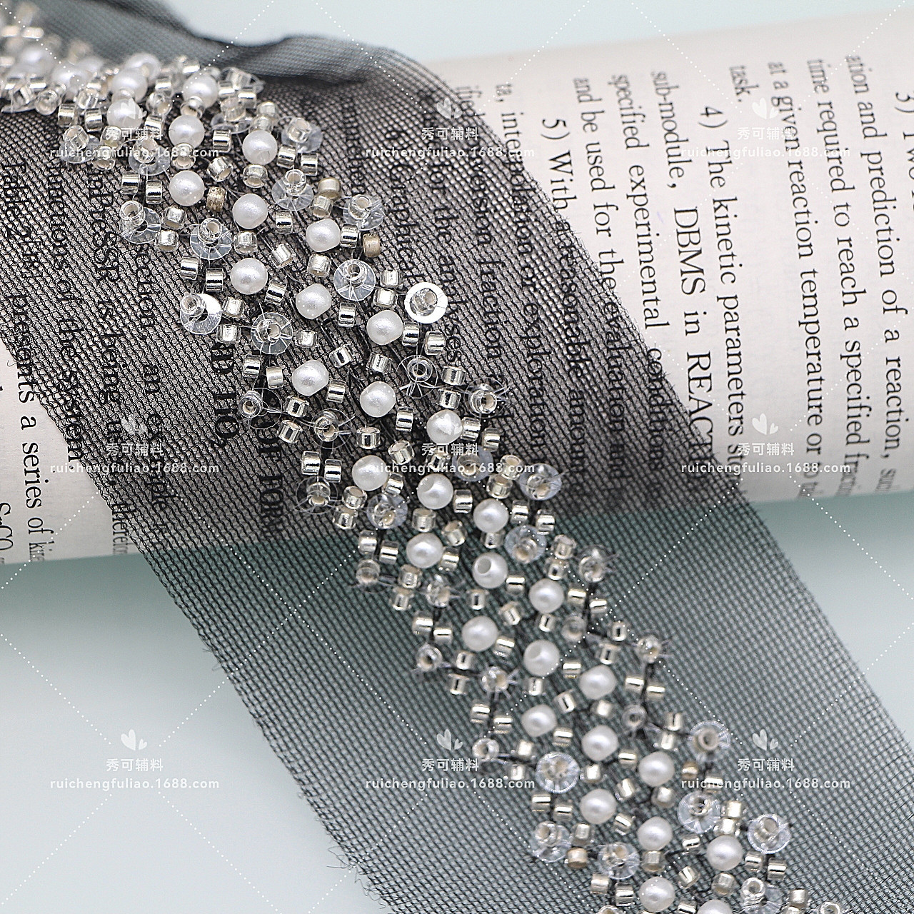 Ruban de garniture en dentelle perlée, 45cm (0,5 yard), blanc rose, ruban de tissu, col bricolage, couture vêtement ceinture, robe de mariée, dentelle perlée pailletée: Black