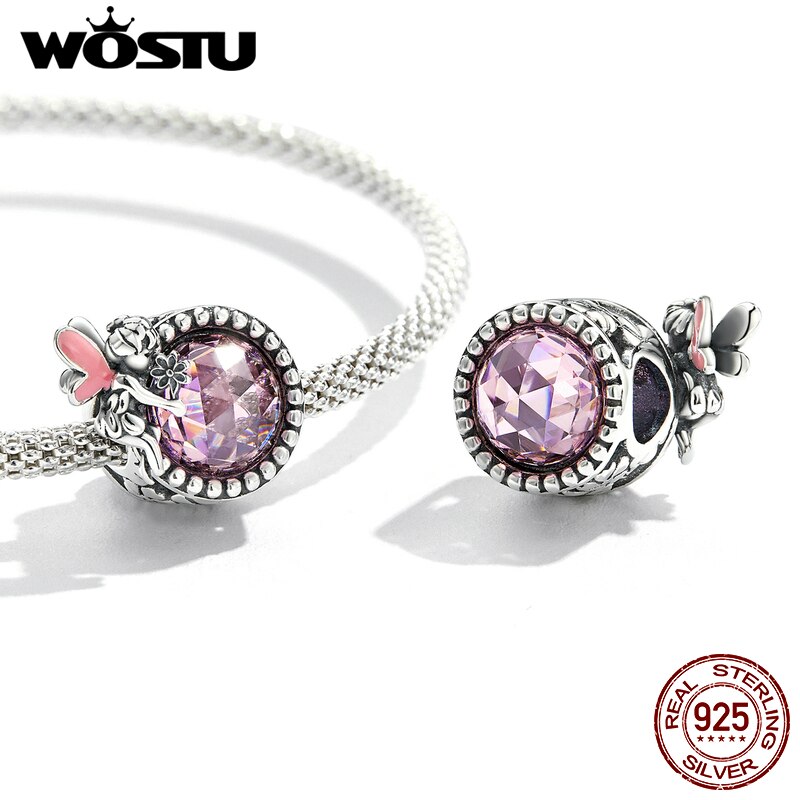 WOSTU Round Glass Opal Beads 925 Sterling Silver Rainbow Purple Blue Charms Fit Original Bracelet Necklace Jewelry Making