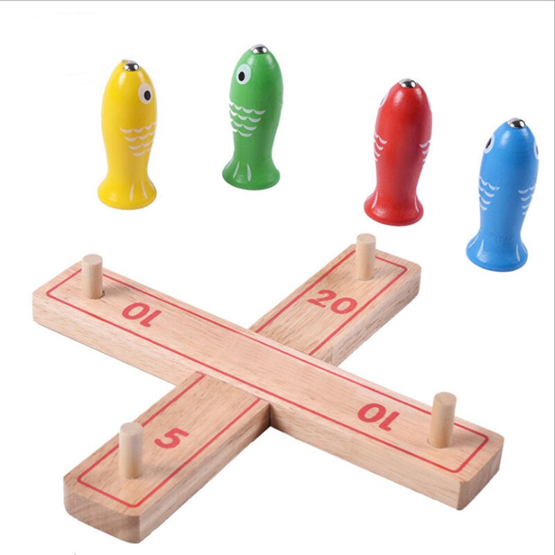 2 in 1 Wooden Multifunctional Toy Magnetic Fishing Game Board Throwing Ring Game Toy