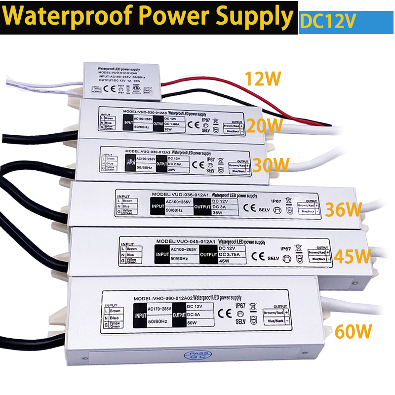 Dc12v led  ip67 driver strømforsyning 220v svitsjing led driver lystransformator 12w 20w 30w 36w 45w 60w for led-lys