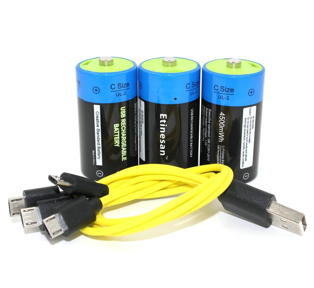 Etinesan 1.5V C 4500mWh li-polymer li-po rechargeable lithium li-ion powerful USB battery: 3pcs with cable