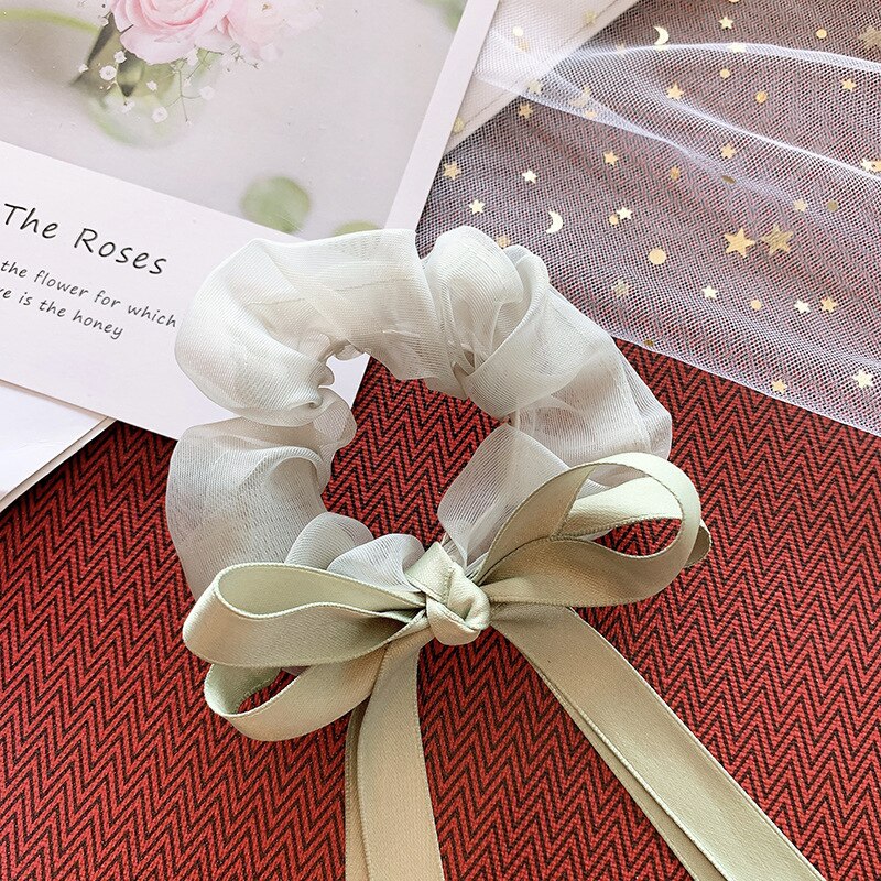 Large Ribbon Bowknot Hair Scruchies Girls Streamer Ponytail Holder Kids Flower Elastic Hair Bands Hair Ring Sweet Accessories: Green