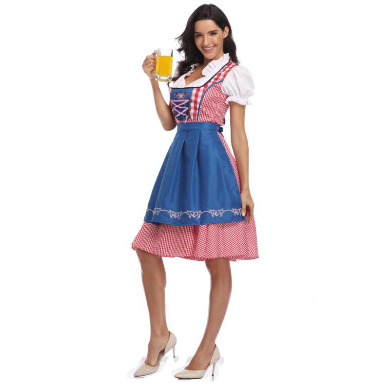 Robe traditionnelle allemande à carreaux de pour femmes adultes, tenue de fête fantaisie pour Halloween Cosplay: Style2 Blue / XXL