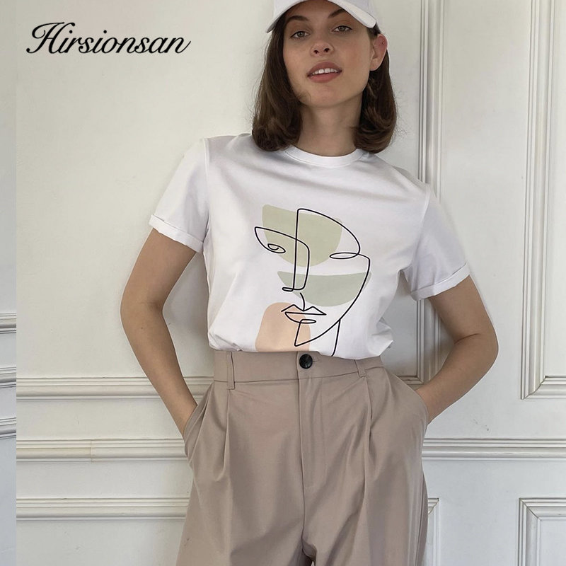 Hirsionsan abstrakt print t-shirt til kvinder sommer oversized 100%  bomuld t-shirts afslappet løs æstetisk t-shirt o-hals toppe