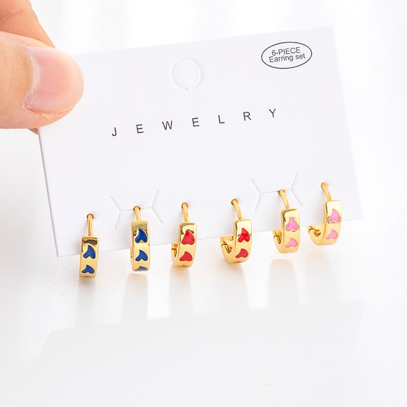 Sipengjel 6 Stuk Glossy Metalen Kleine Oorringen Set Kleurrijke Liefde Hart Gouden Oor Gesp Oorbellen Voor Vrouwen Sieraden