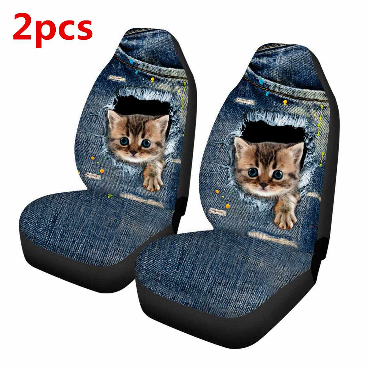 3d djur vargtryck universella bilstolsöverdrag bil styling auto sätesöverdrag bil hel sätesöverdrag skydd interiörtillbehör: Cowboykatt 2 st