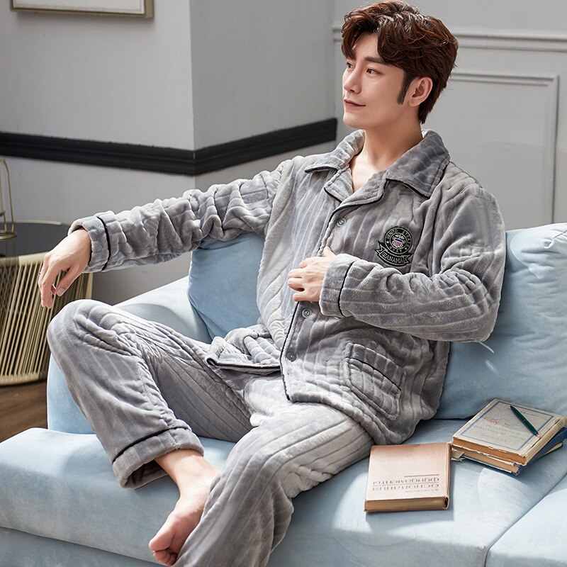 Pajamas For Men Winter Warm Coral Fleece Homewear Loose Two Piece Sets Long Sleeve Sleepwear Men Thick Flannel Fleece Pajama Set: gray / XXL