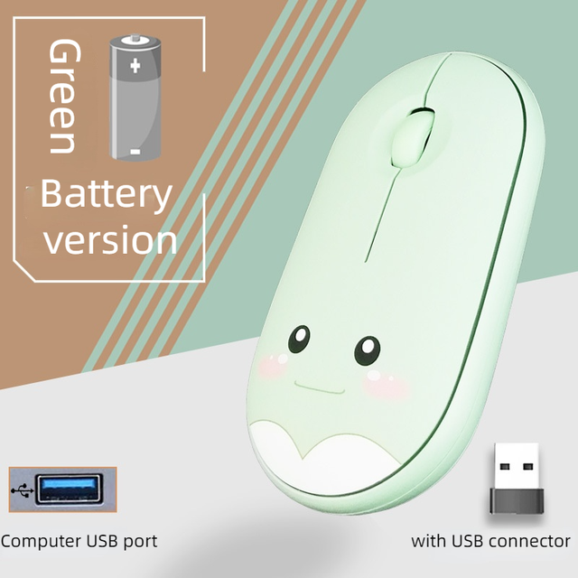 M106 wireless mouse cute cartoon mute 1200DPI Bluetooth wireless mouse USB charging 2.4G mouse suitable for office laptop: Battery green