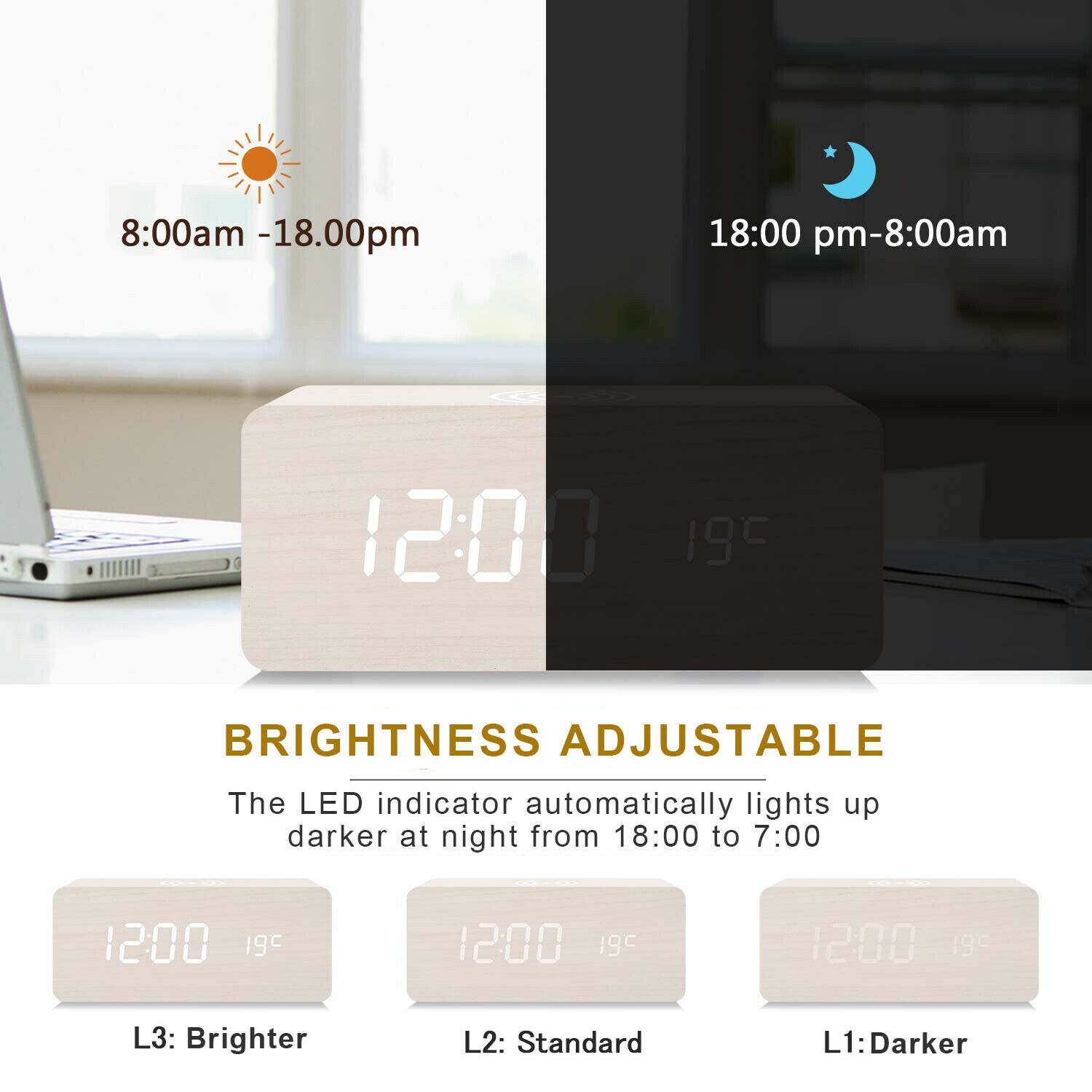 Modern Wooden Wood Digital LED Desk Alarm Clock Thermometer Wireless Charger