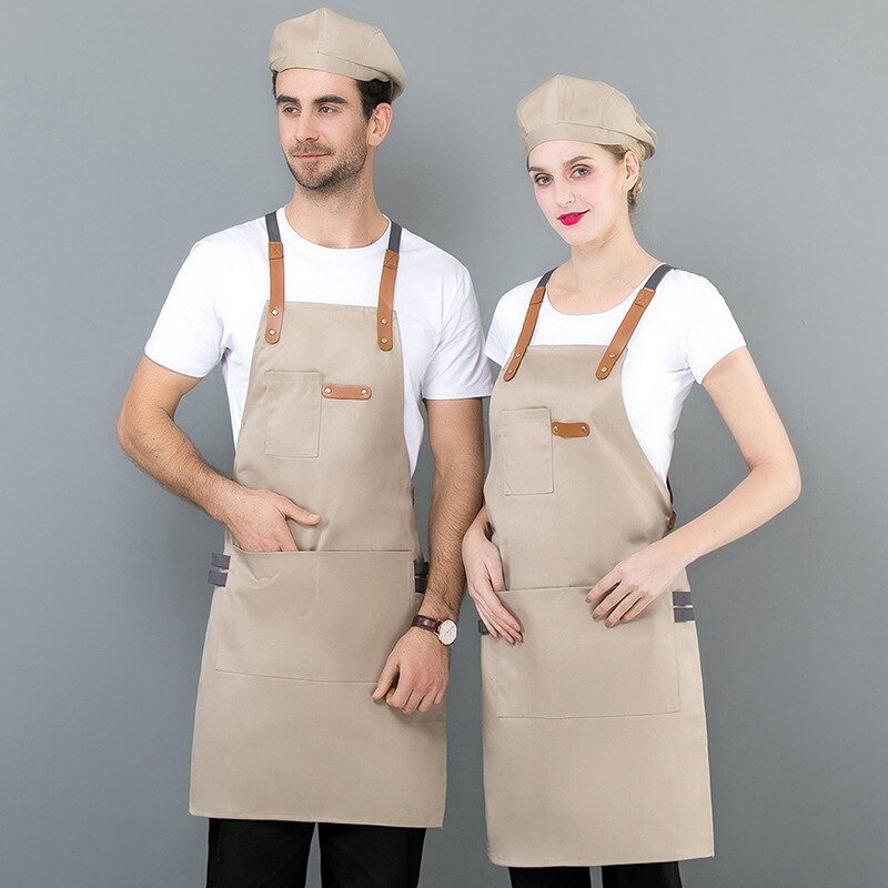 Denim køkkenforklæde med justerbart bomuldsrem store lommer blå barista mænd og kvinder homewear ærmeløst forklæde: Khaki