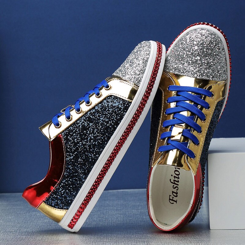 Mode Gouden Bling Spiegels Schoenen Mannen Club & Bar Schoeisel Grote Maat 45 46 Hip Hop Glitter Schoenen mannen Casual Sneakers: Blue / 44