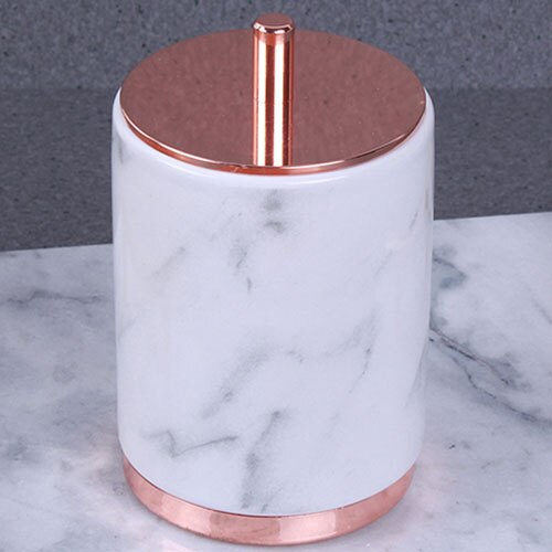 Mármol de cerámica caja de almacenamiento de algodón organizador de hisopo casa palillo titular de oro de lujo de baño recipiente para algodones con tapa: White