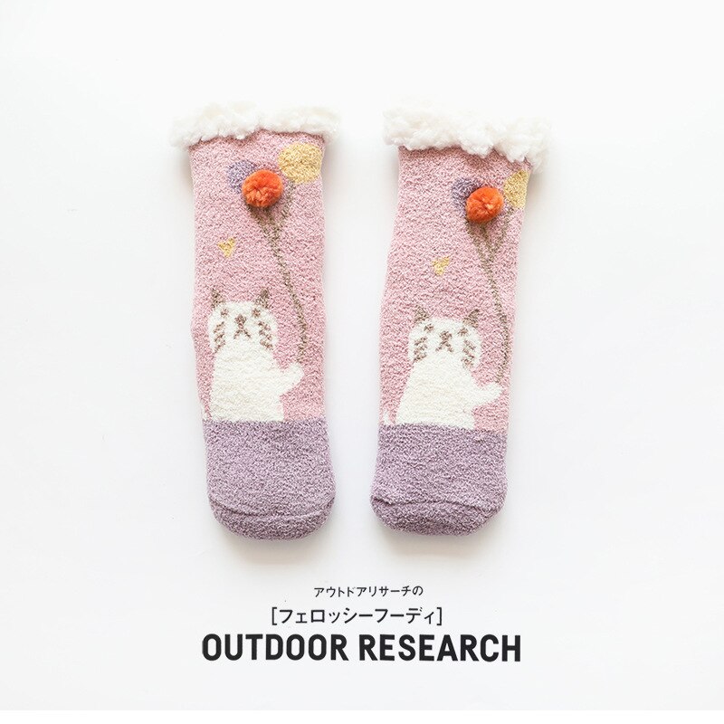 Kids Anti Slip Cashmere Christmas Socks Toddler Child Boys Girl Baby Winter Thick Warm Cartoon Animal Parent-child Thermal Sock: Balloon cat / child (2-6 years)