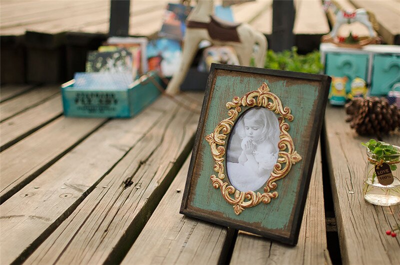Vintage Photo Frame Home Decor Wooden Wedding Desktop Wall Picture Frame Birthday: Bllue