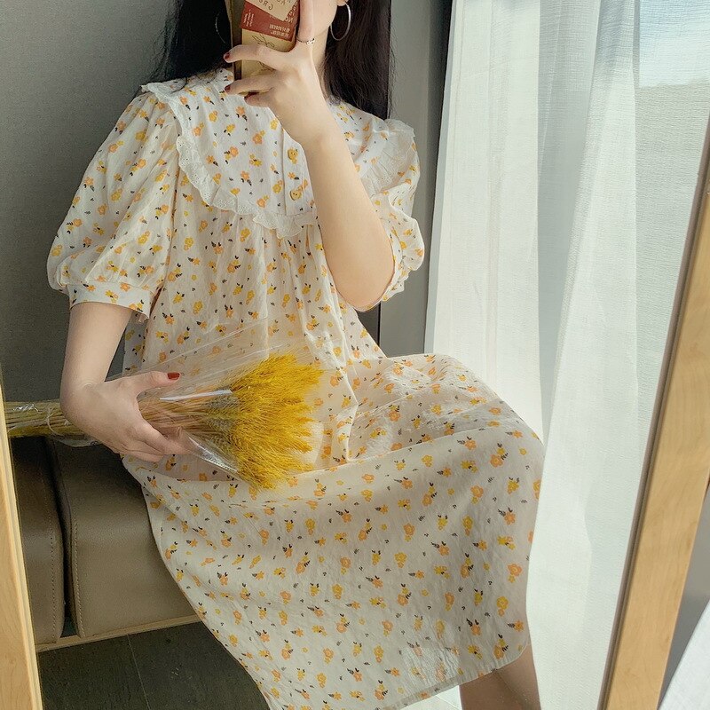 Zoete Leuke Over-De-Knie Vrouwen Nachtjapon Korte Mouwen Katoen Homewear Bloemen Gedrukt Nachthemd Slapen Jurk