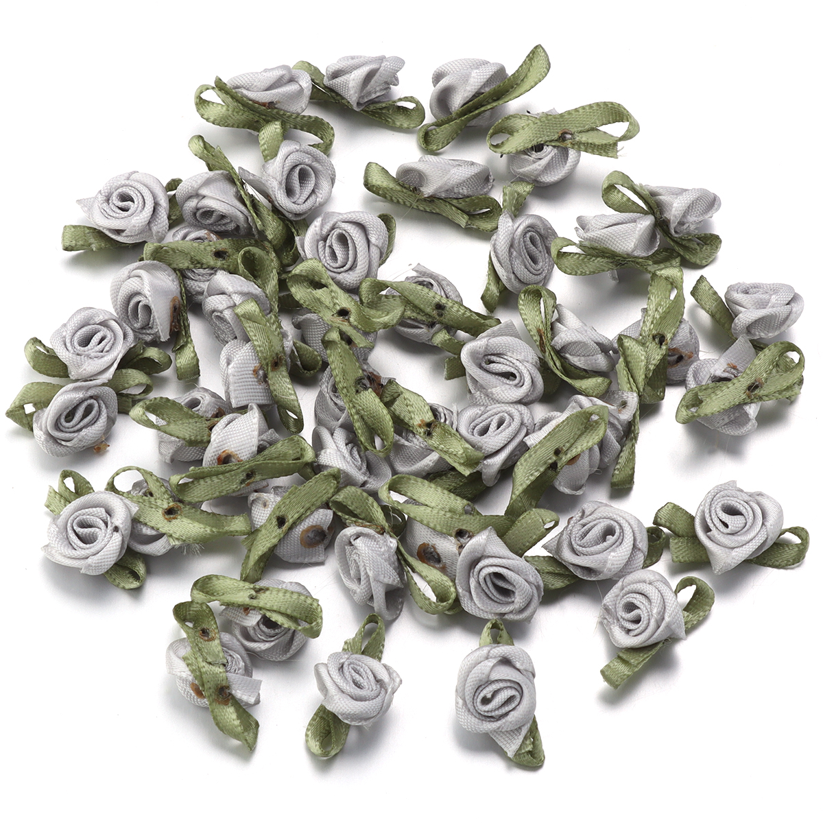 Cinta de satén para manualidades, 50 piezas, brotes de rosas de 1,5x2,5 cm, flores con hojas verdes para álbumes de recortes, sombreros, prendas de vestir, suministros de decoración de boda: Plata antigua