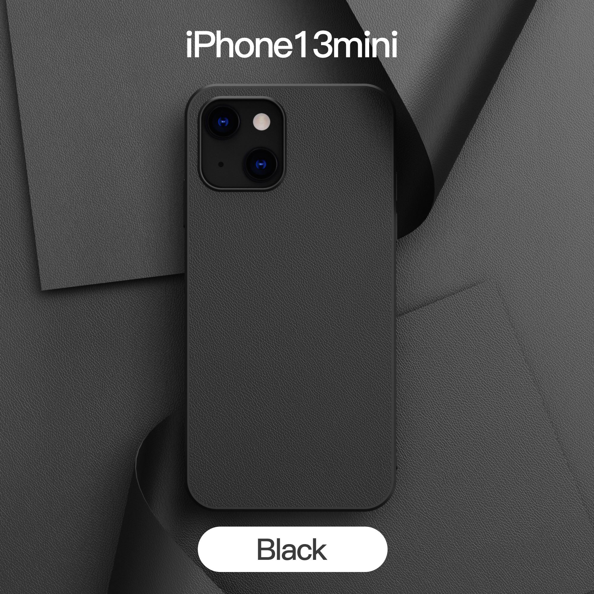 Funda protectora para teléfono móvil, carcasa con patrón de cuero liso, Color sólido, adecuada para iPhone 13: Black i13 Mini