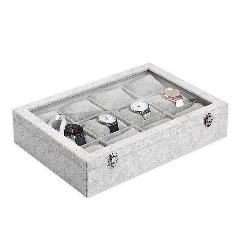 12 rutnätsutrymmen klocklåda grått flanelltyg mjukt klocka montrar smycken armband arrangör förvaring