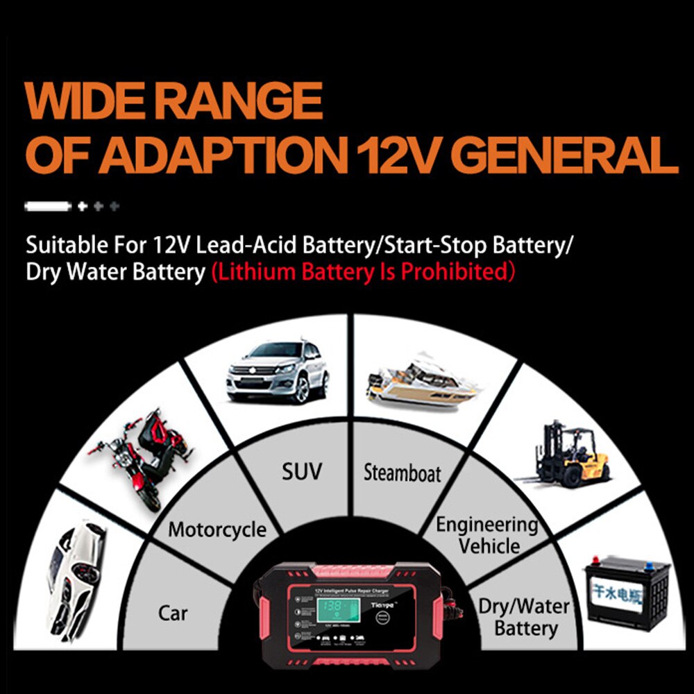 Wet Dry Lead Acid Battery Charger Full Automatic Digital LCD Display 12V 6A Car Battery Charger Agm Gel Wet Pulse Repair