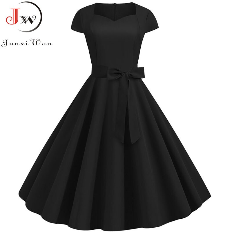 Summer Women's Dress Short Sleeve Solid Vintage Retro Big Swing Office Party Midi Sundress