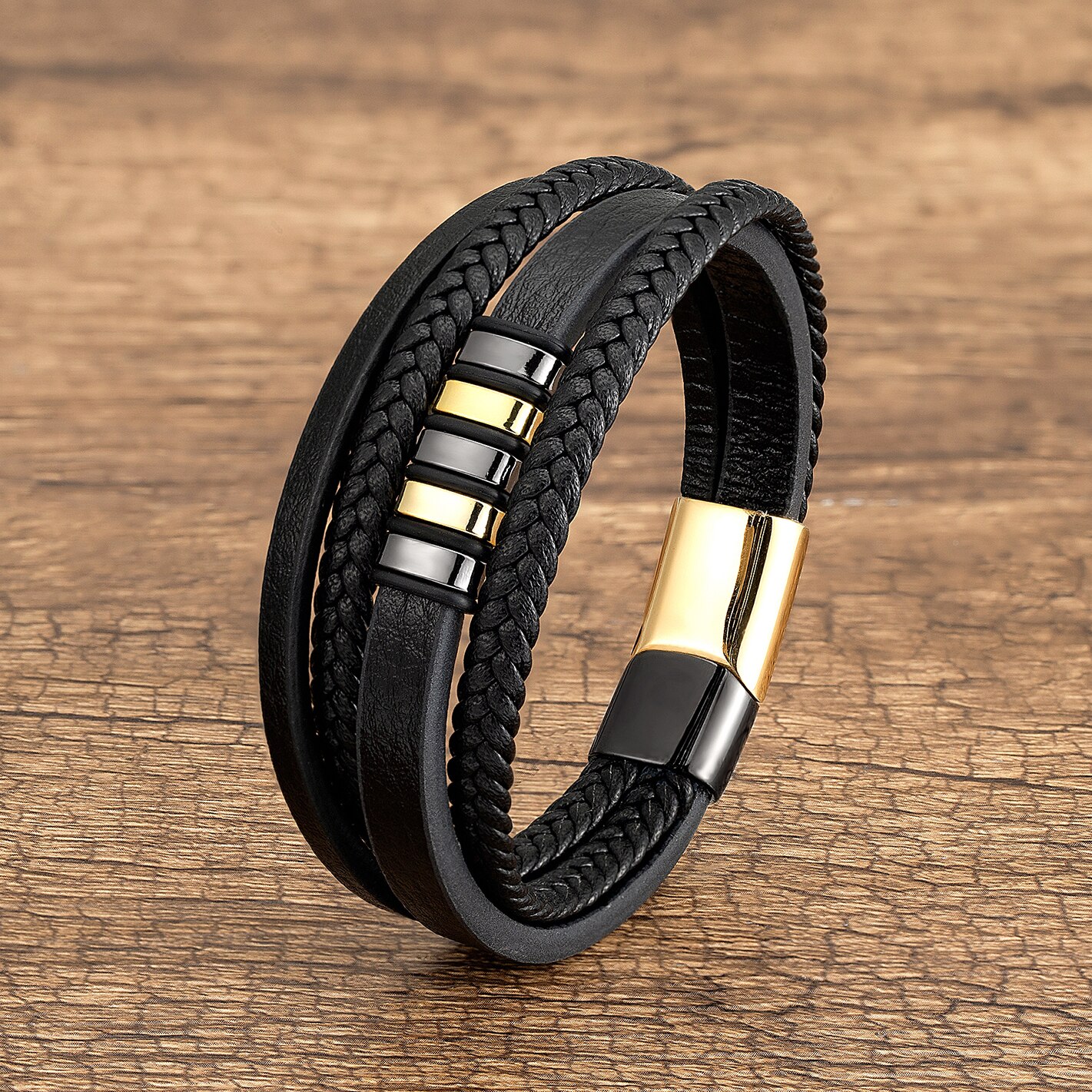 Klasyczny Design ręcznie tkane skórzane bransoletki mężczyźni zapięcie magnetyczne ze stali nierdzewnej Charms bransoletka na rękę Homme męska biżuteria prezenty: Gold-Black Metal / 19cm
