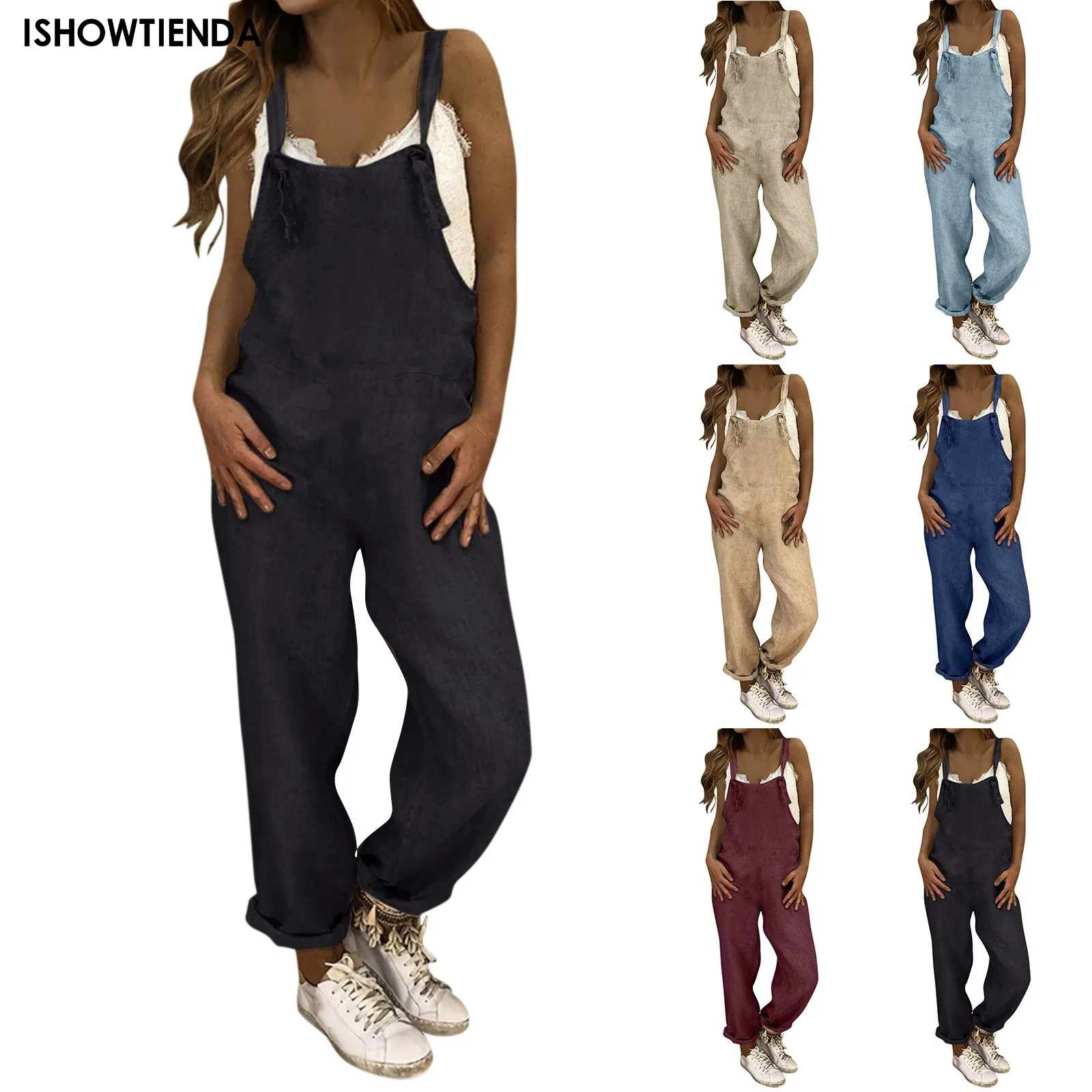 Jumpsuit plus size ensfarvede vide ben kvinder jumpsuit sommer afslappet løs ærmeløs lommer hagesmækken overalls sparkedragter