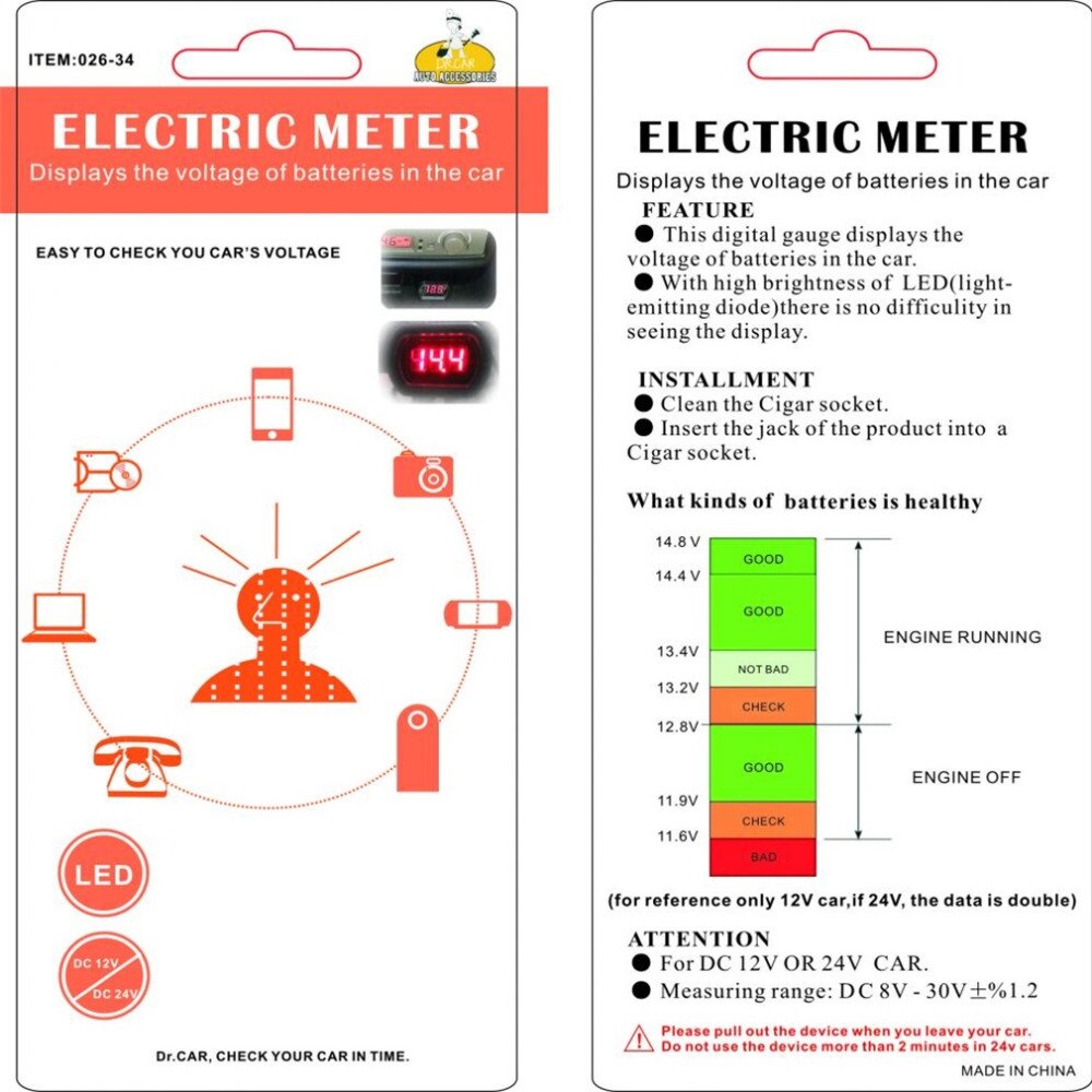 Dc 12v-24v ledet vise sigarettenner elektrisk spenningsmåler tester til auto bil batteri voltmeter indikator