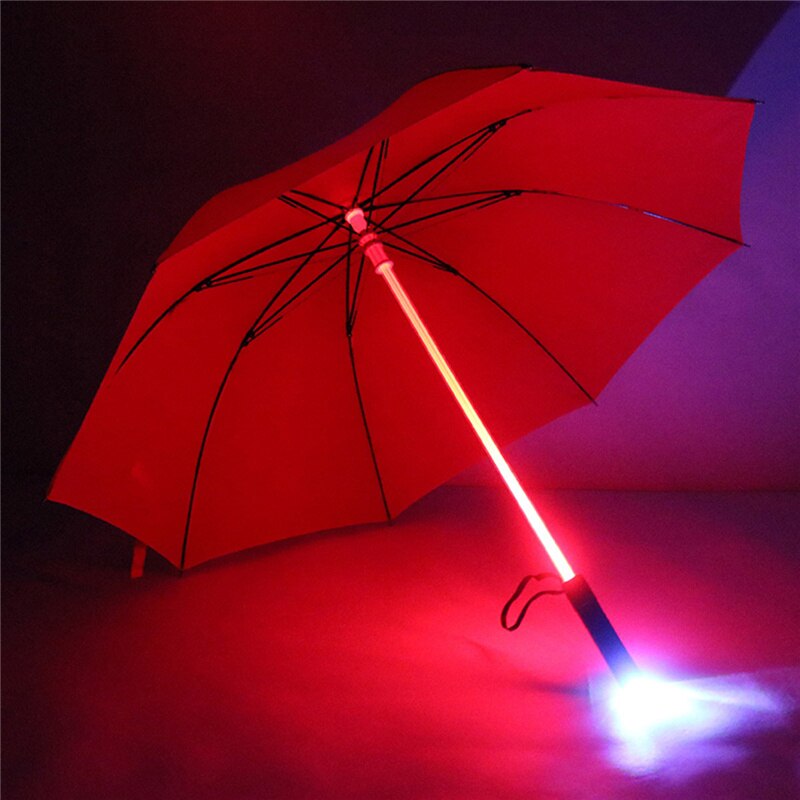 Plast rød fiskeregn regn gennemsigtig led paraply mænd kvinder blinkende lys holder rulle vandtæt vindtæt nat paraplyer: Rød