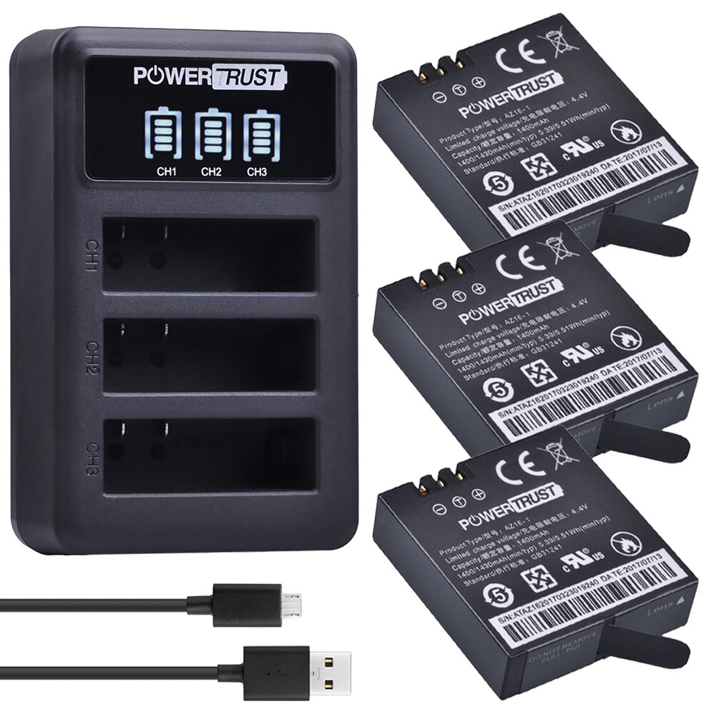 Batería de AZ16-1 para Xiaomi Yi 2, batería de 1400mAh, 3,85 V, AZ16-2 + LED, USB, 3 ranuras, cargador, 4K, Original, Xiao Mi Yi Lite, Cámara de Acción: 3Battery and charger