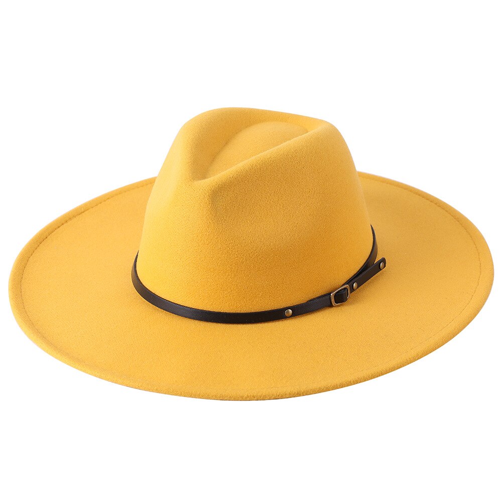 Chapeau Fedora en laine à large bord pour homme et femme, couleur unie, , Jazz, feutré, Panama, jaune: YELLOW