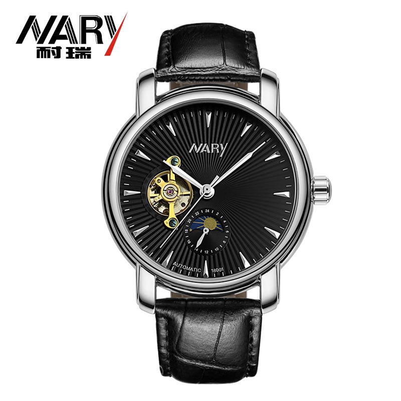 Nary/Nary Men'S Fully Automatic Analog Ch Leather Belt Hollow Out Moon And Stars Rproof 18001