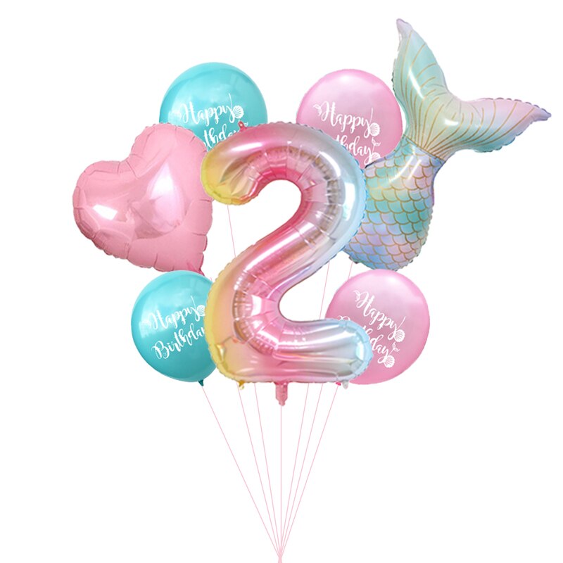 7pcs/lot Mermaid Party Balloons Number Foil Balloon Kids Birthday Party Decorations Baby Shower Decor Helium Globos supplies