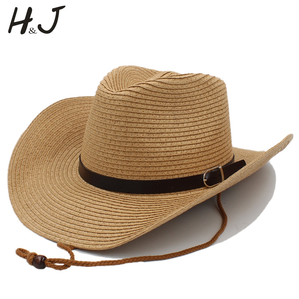 Sombrero de cowboy del oeste con cuerda resistente al viento para señora Caballero Playa Sol Sombrero de vaquera tamaño 58CM A0116-XSJ