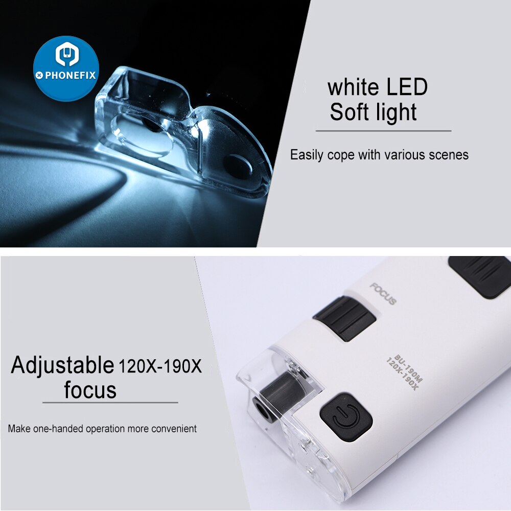 Handheld 120X/190X Mobile Phone Microscope with Cell Phone Clip Pocket Magnifying Glass LED UV Light for Jade Identification