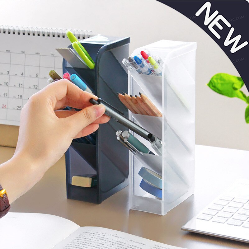 1PCS Desk Pen Pencil Organizer Multi-function 4 Grid Desktop Pen Holder Office School Storage Case Clear White Black Plastic Box