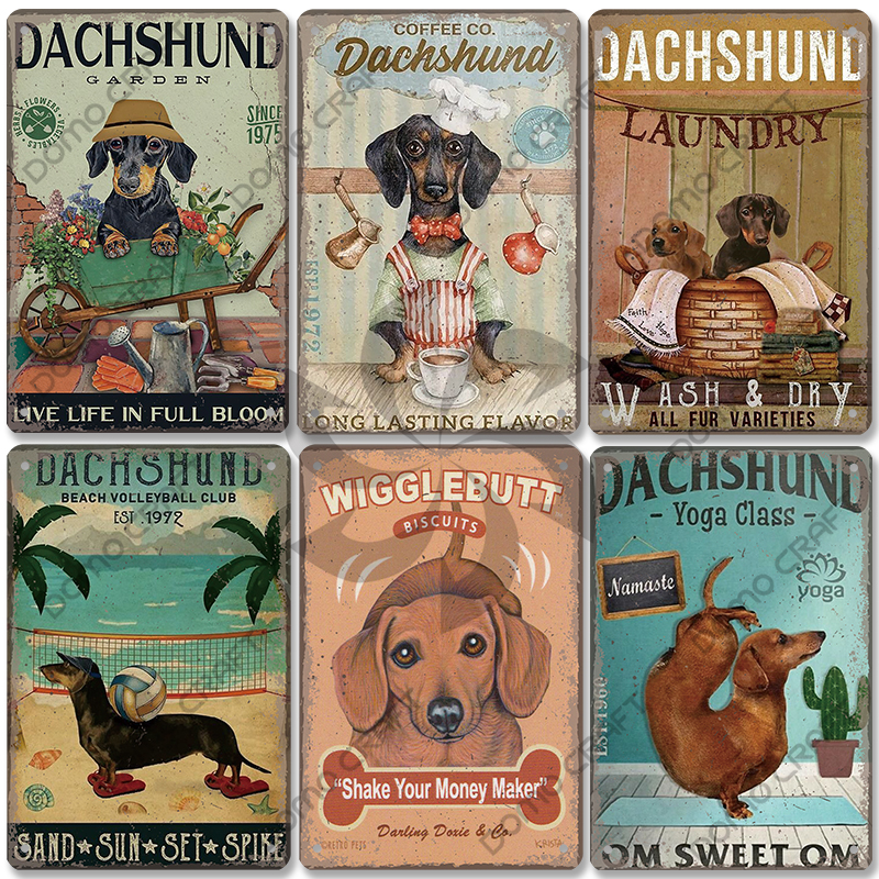 Póster de perros bonitos, carteles de Metal de estaño, placa de Metal Vintage Bulldog Dachshund, decoración artística de pared para cafetería, cocina, jardín y hogar