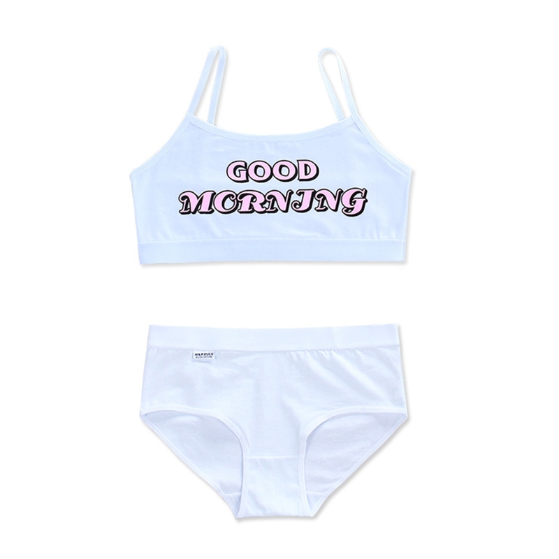 Conjunto de ropa interior a juego para chicas jóvenes, ropa interior con estampado de letras de buenos días, sin relleno, sujetador de entrenamiento y bragas Hipster, 094F