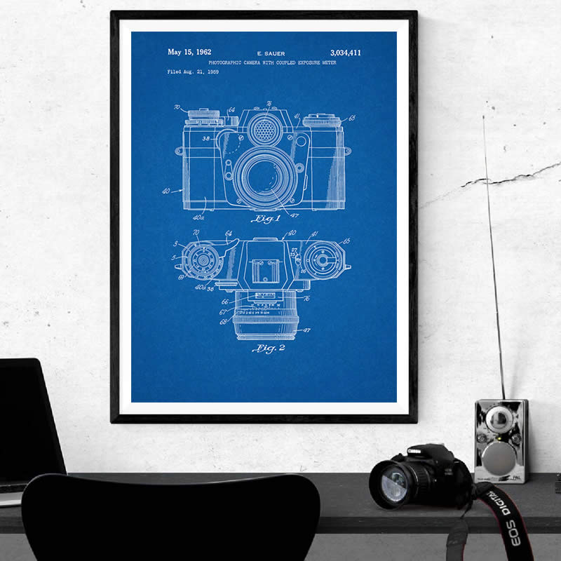Vintage Camera Patent Poster Wall Art Print, Antieke Camera Canvas Schilderij Retro Blauwdruk Muur Foto Fotografie Decoratie