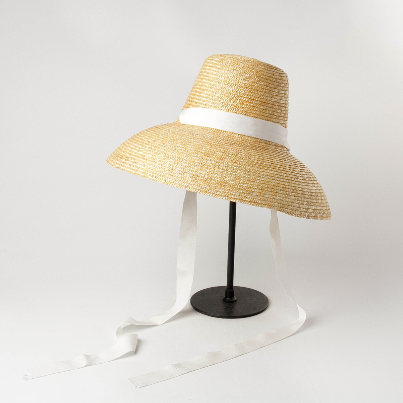 Uspop sommerhatte til kvinder naturlige hvede stråhatte høje flade top lange bånd snørebånd solhatte brede rand strand hatte: Hvid