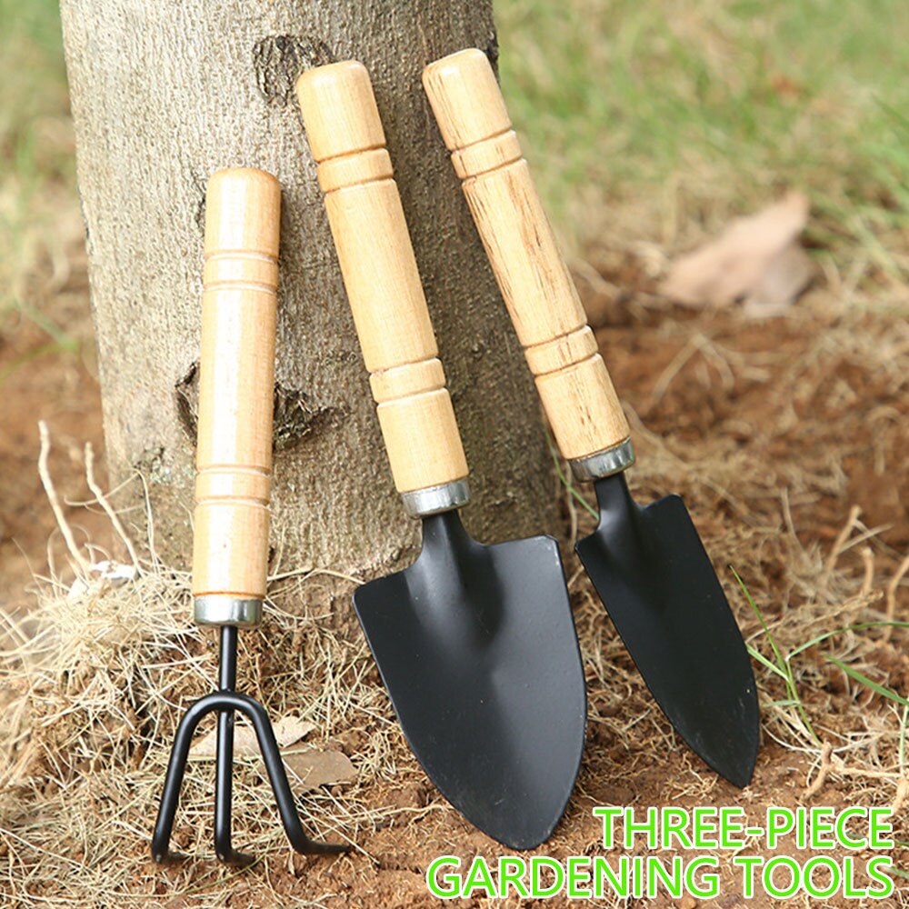 3pcs Mini Portable Gardening Tool Metal Head Shovel Rake Plant Garden Soil Raising Flowers Wooden Handle Gardening Tool Set
