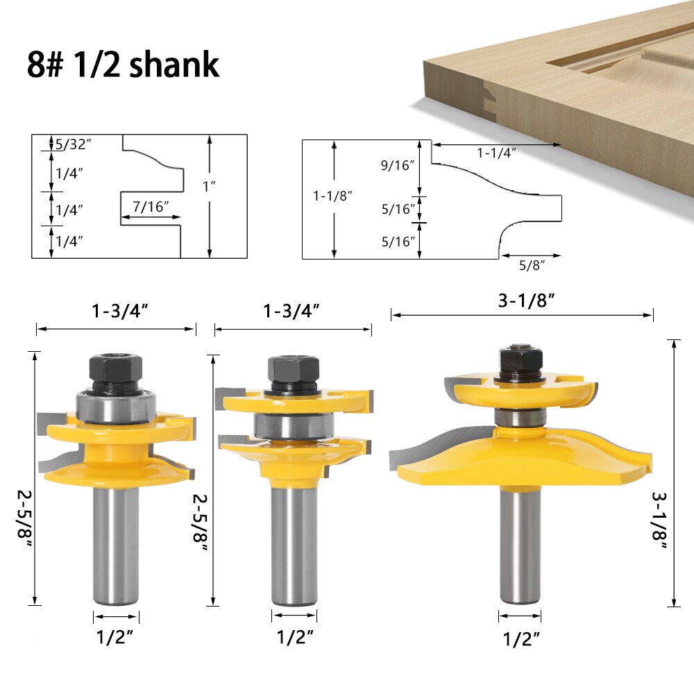 3pcs 1/2" Shank Rail & Stile Ogee Blade Cutter Panel Raised Cabinet Router Bit Set Door Tenon Woodworking Tools: NO8 12.7mm shank