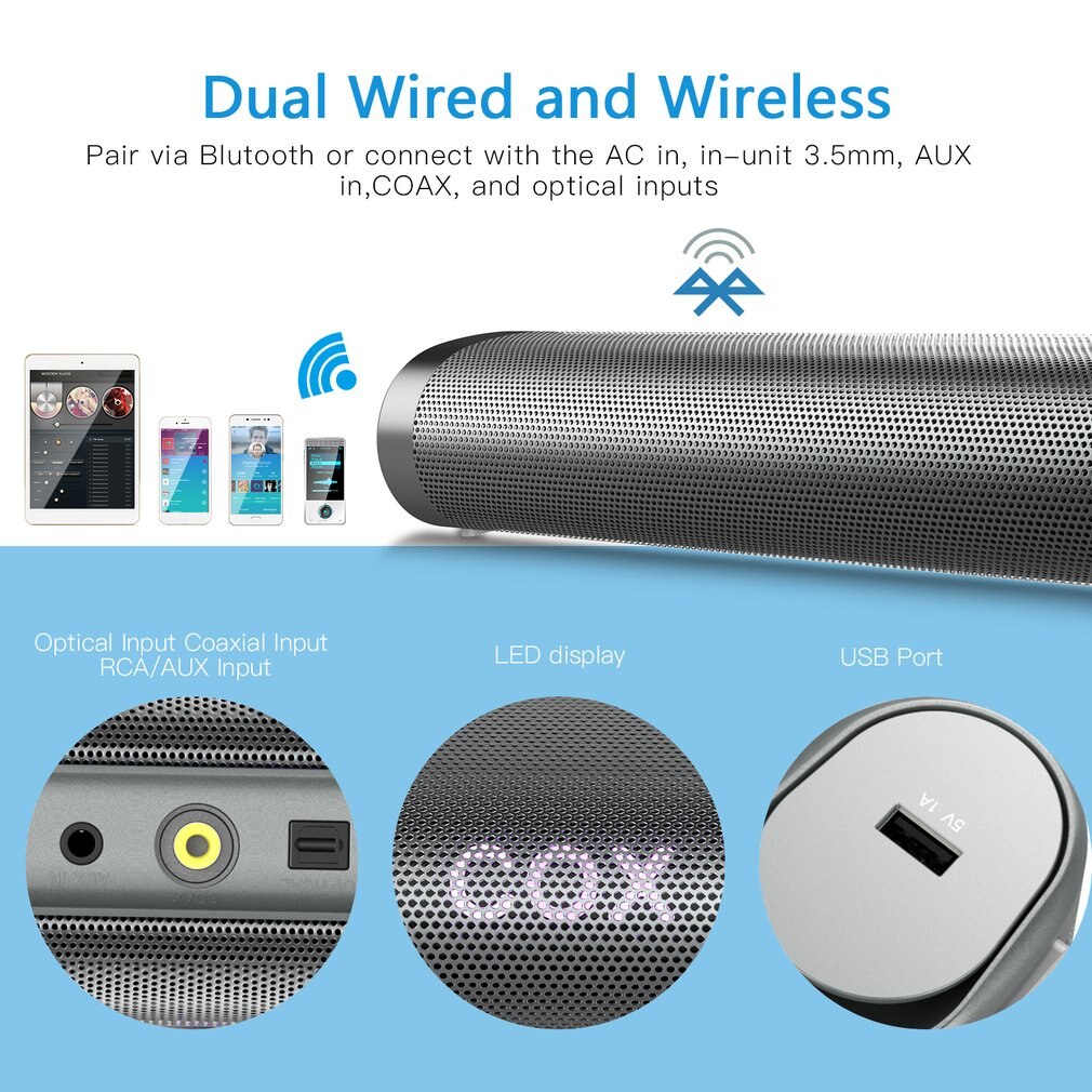 LESHP 2.0 Channel Wireless Sound Bar with Remote Control Speaker Stereo Soundbar for Home Theater Speaker