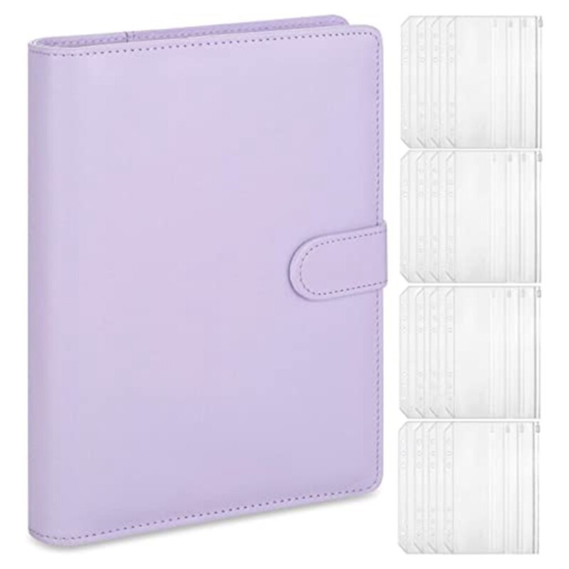 A5 Leather Notebook Binder with 16Pcs A5 Plastic Binder Pockets, Budget Envelope System,A5 Budget Planner Binder Cover: Purple White